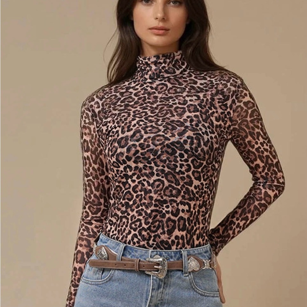 Mesh Long Sleeve Cheetah Print Top